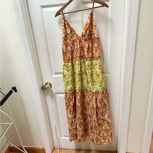 Japna Floral Orange Green Maxi Dress tiered tank v neck long M Medium yellow - Picture 1 of 5